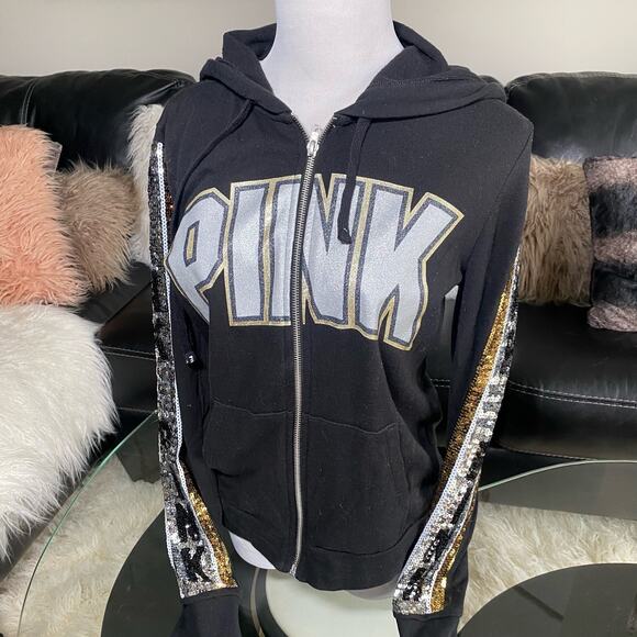 PINK Sequin Bling Gold/ Silver Zip up Hoodie Small - Picture 1 of 7